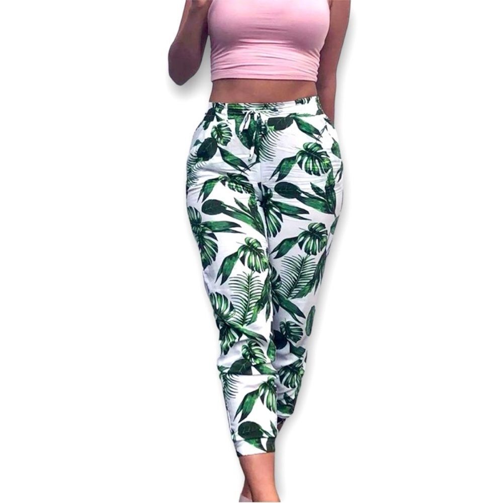 Streetwear Society Tropical White Green Leaf Ankle Pants Cropped Elastic  XL